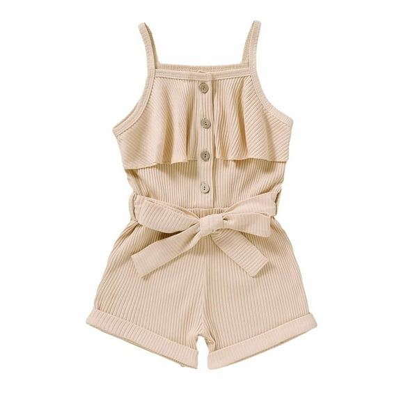 Curuila Children Girls Jumpsuit Sleeveless Square Neck Solid Color Button Casual Soft Bodysuits Beige Size 6-12 Months