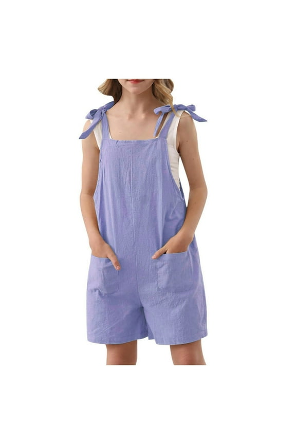 Children Girls Jumpsuits Sleeveless Solid Color Adjustable Tie Up Strap Short Romper Clothes With Pocket Purple Size 9-10 Years
