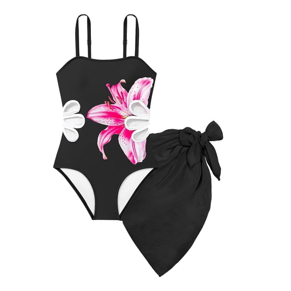 Curuila Children Girls One Piece Swimsuit With Adjustable Straps Flowers Print Square Neck Breathable Soft Swimwear For Beach Pool Black Size 13-14 Years