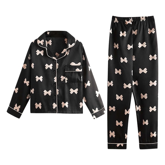 Curuila Children Girls Pajamas Set Long Sleeve Bowknot Print Lapel Button Down Pjs Tops With Pants Spring Autumn Comfortable Loungewear Black Size 6-7 Years