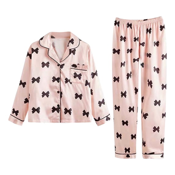 Curuila Children Girls Pajamas Set Long Sleeve Bowknot Print Lapel Button Down Pjs Tops With Pants Spring Autumn Comfortable Loungewear Pink Size 6-7 Years
