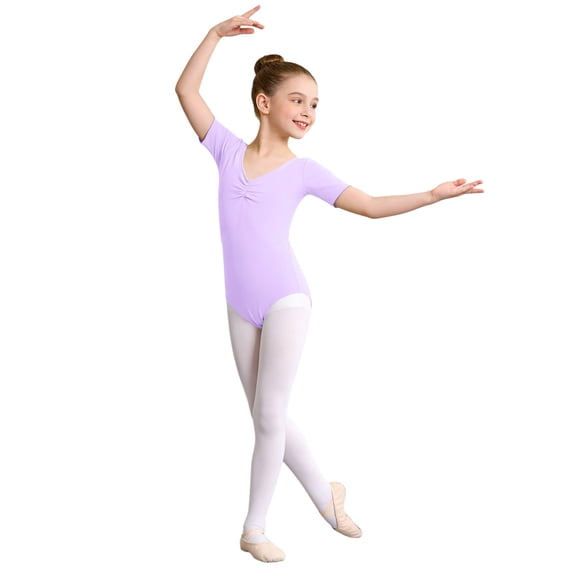 Curuila Children Girls Romper Elegant Dance Short Sleeve V Neck Solid Color Casual Comfort Bodysuits Light Purple1 Size 6-7 Years