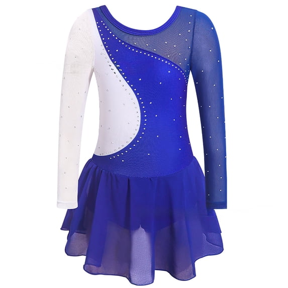 Curuila Children Girls Romper Long Sleeve Crew Neck Dance Dress With Mesh Color Block Casual Soft Bodysuits Blue Size 9-10 Years