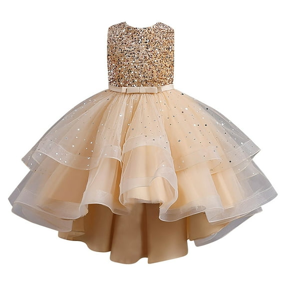 Curuila Children Girls Sequins Dresses Sleeveless Crew Neck Solid Color Elegance Fashion Party Dress Size 3-4 Years Yellow