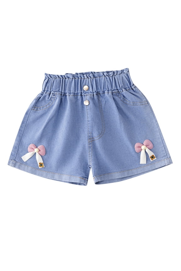 Children Girls Summer Denim Shorts Elastic Waistband Graphic Embroidery Fashion Casual Shorts Pink Size 3-4 Years