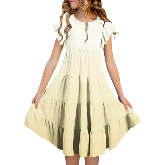 Curuila Children Girls Summer Dresses Solid Color Sleeveless Crew Neck Casual Comfort Dress Size 8-9 Years Yellow