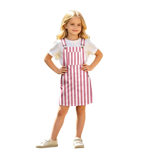 Curuila Children Girls Suspender Dress With Pocket Striped Print Square Neck Sleeveless Summer Comfort Casual Dresses Pink Size 12-13 Years