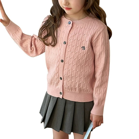 Curuila Children Girls Sweater Long Sleeve Crew Neck Solid Color Cardigan With Button Spring Autumn Coat Size 2-3 Years Pink