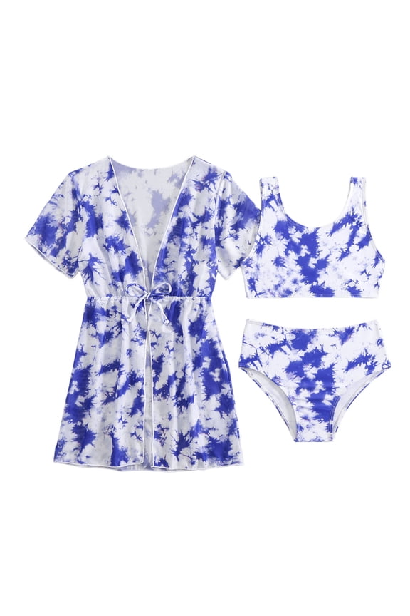 Children Girls Three Piece Swimsuit Floral Print Crew Neck Sleeveless Bikini Set With Coat Fashionable Swimwear For Swim Beach Blue Size 8-9 Years