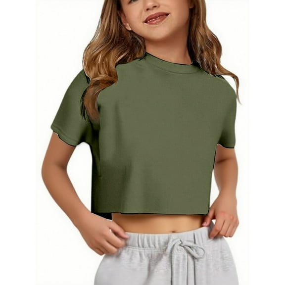 Curuila Children Girls Tops Casual Fashions Short Sleeve Solid Color Crew Neck Shirts For Kids Army Green Size 5-6 Years