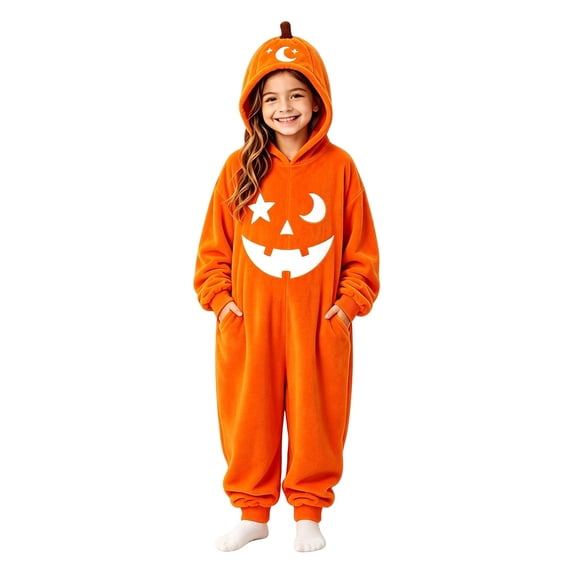 Curuila Children Halloween Jumpsuit With Pocket Hallowmas Pumpkin Hooded Flannel Pajamas For Girsl Boys Party Comfortable Loungewear Jumpsuit Size 4-5 Years