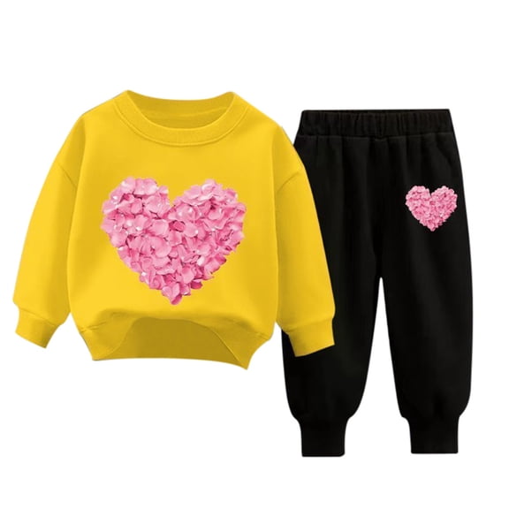Curuila Children Valentine'S Day Pullover Set Casual Cute Printed Long Sleeve Crew Neck Shirt Long Pants Spring Autumn Two Piece Set For Girls Boys Yellow Size 3-4 Years