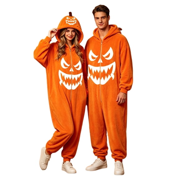 Curuila Halloween Adult Jumpsuit Flannel Hallowmas Pumpkin Hooded Pajamas For Women And Men Party Fashion Loungewear Jumpsuit Size L