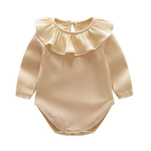 Curuila Infant Baby Girls Jumpsuits Long Sleeve Solid Color Crew Neck Romper For Baby Everyday Wear Casual Clothes Beige Size 0-3 Months