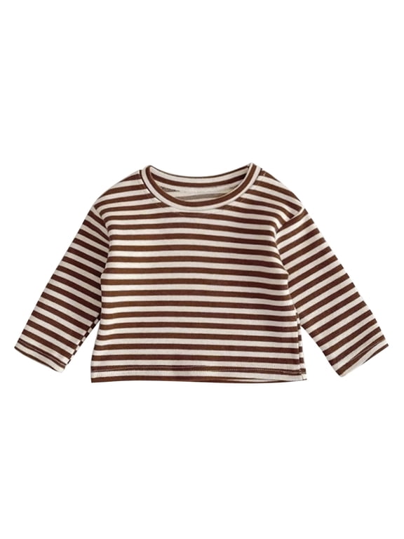 Infant Baby T Shirt Spring Autumn Striped Long Sleeve Crew Neck Undershirt Tops Clothes For Newborn Girls Boys Brown Size 6-12 Months