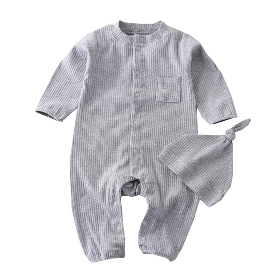 Curuila Boys Girls Jumpsuits Comfortable Soft Solid Color Long Sleeve Crew Neck Button High Elastic Home Clothes With Hat Gray Size 12-18 Months