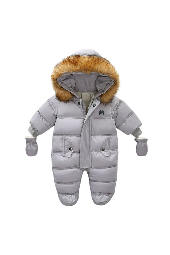 Infant Boys Girls Outwear Winter Solid Long Sleeve Zipper Hooded Coat Jumpsuit With Pocket Long Jacket Gray Size 6-9 Months