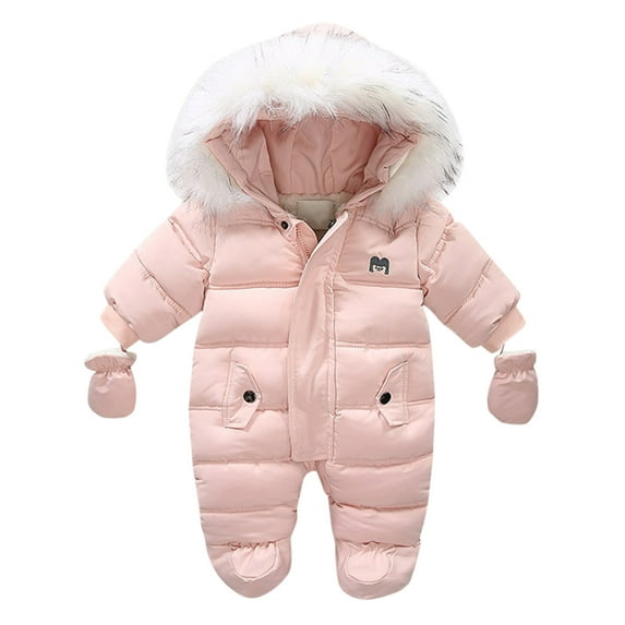 Curuila Infant Boys Girls Outwear Winter Solid Long Sleeve Zipper Hooded Coat Jumpsuit With Pocket Long Jacket Pink Size 3-6 Months