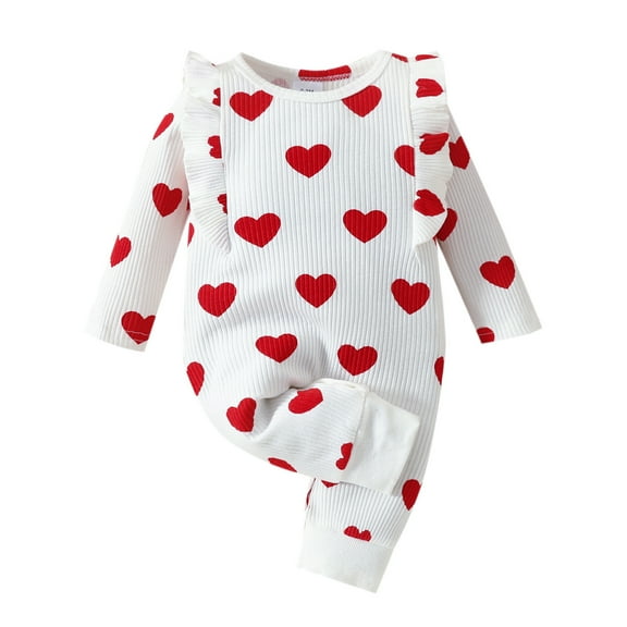 Curuila Boys Girls Valentine'S Day Jumpsuit Long Sleeve Hearts Prints Crew Neck Romper Bodysuits White Size 3-6 Months