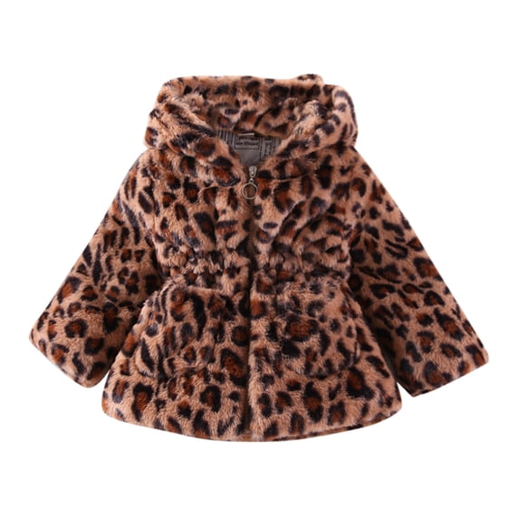 Curuila Infant Child Girls Coat Fleece Long Sleeve Leopard Print Hooded Jacket For Girls Winter Warm Fashionable Outerwear Size 2-3 Years