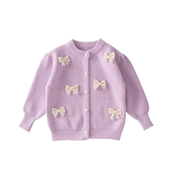 Curuila Infant Child Girls Knit Cardigan With Bow Long Sleeve Solid Color Crew Neck Sweater For Girls Autumn Winter Fashionable Coat Size 3-4 Years