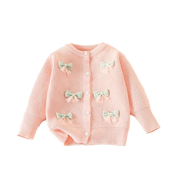 Curuila Infant Child Girls Knit Cardigan With Bow Long Sleeve Solid Color Crew Neck Sweater For Girls Autumn Winter Fashionable Coat Size 3-4 Years