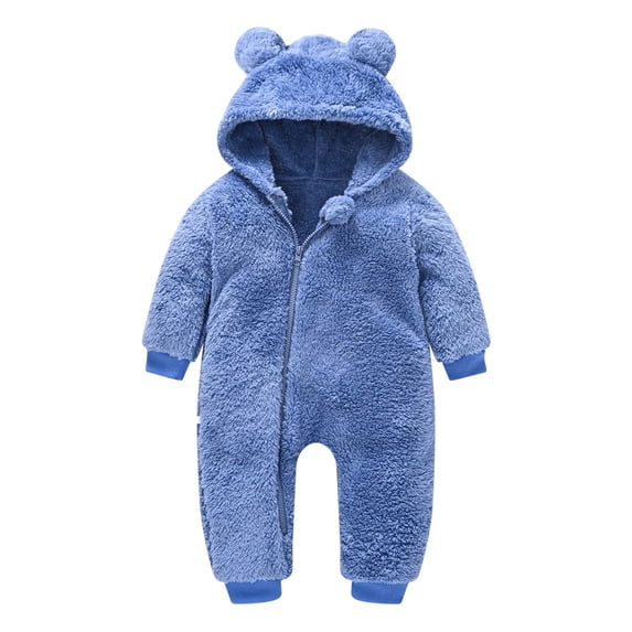 Curuila Infant Girls Boys Coat Thick Bear Warm Jumpsuit With Zipper Hooded Long Sleeve Solid Long Jacket Blue Size 6-12 Months