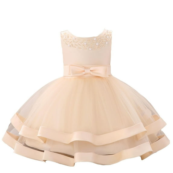 Curuila Infant Girls Dresses Solid Color Crew Neck Sleeveless Cute Bow Dress With Zipper Size 6-12 Months Gold