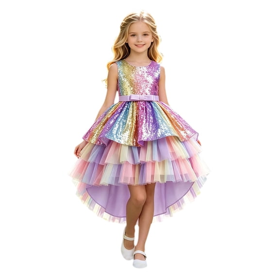 Curuila Infant Kids Girls Elegant Dress With Mesh Gradient Sequins Crew Neck Sleeveless Fashion Casual Dresses Purple Size 3-4 Years