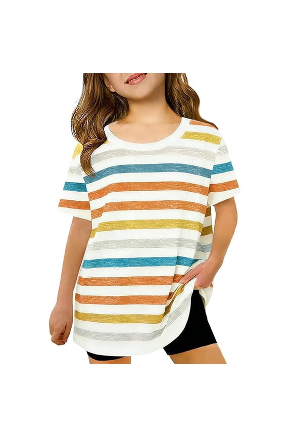 Infant Kids Girls Tops Striped Print Crew Neck Short Sleeved Loose Fit Breathable Tee Beige Size 1-2 Years