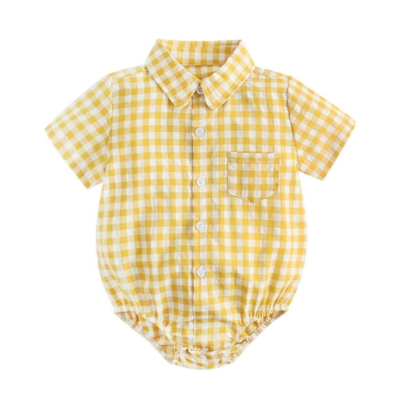 Curuila Infant Newborn Boys Girls Romper Short Sleeve Plaid Print Lapel Summer Shirt Bodysuit Outfit Yellow Size 0-6 Months