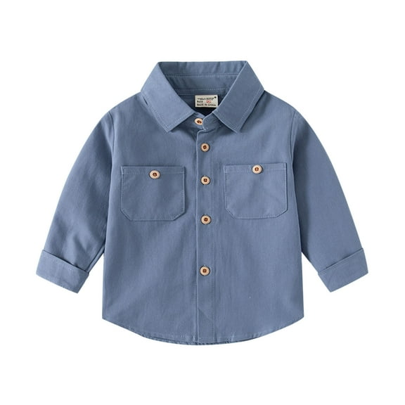 Curuila T Shirt Solid Color Long Sleeve Lapel Casual Tops Clothes With Pocket For Child Toddler Baby Boys Girls Blue Size 18-24 Months