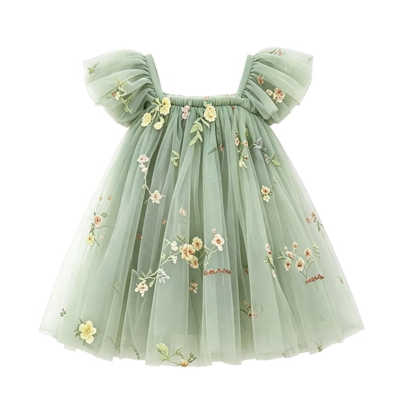 Curuila Infant Toddler Girls Mesh Dress Flutter Sleeve Floral Embroider Square Neck Party Fashionable Dresses For Girls Size 12-18 Months
