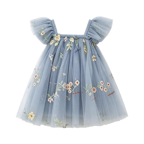 Curuila Infant Toddler Girls Mesh Dress Flutter Sleeve Floral Embroider Square Neck Party Fashionable Dresses For Girls Size 6-12 Months
