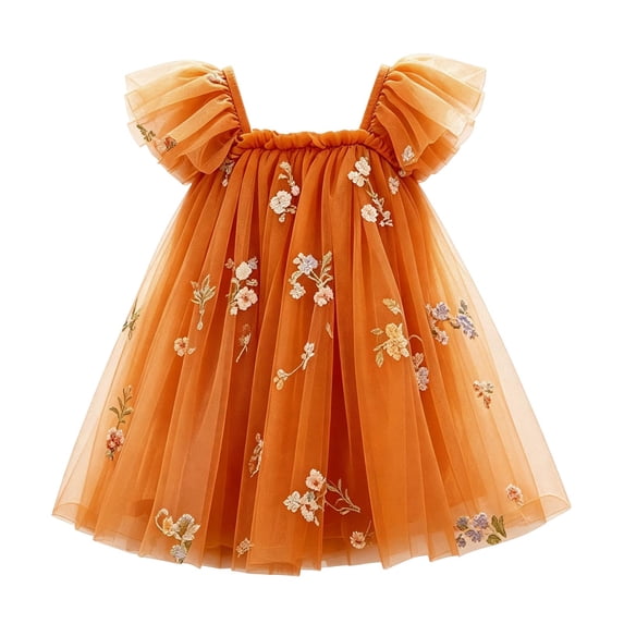 Curuila Infant Toddler Girls Mesh Dress Flutter Sleeve Floral Embroider Square Neck Party Fashionable Dresses For Girls Size 6-12 Months