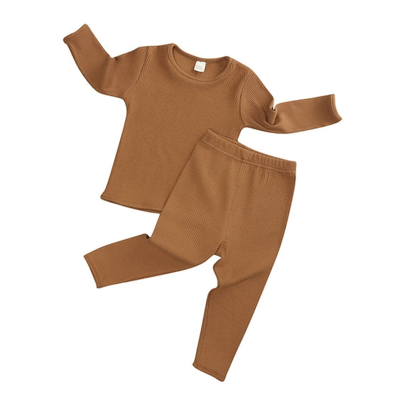 Curuila Infant Toddler Girls Pajamas Set Long Sleeve Solid Color Crew Neck Pjs Tops With Pants Soft Casual Loungewear Brown Size 2-3 Years
