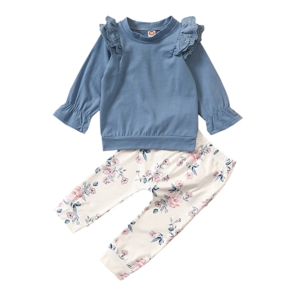 Curuila Infant Toddler Girls Two Piece Outfit Long Sleeve Solid Color Crew Neck Tops With Floral Pants Spring Autumn Soft Casual Outfit Set Blue Size 2-3 Years
