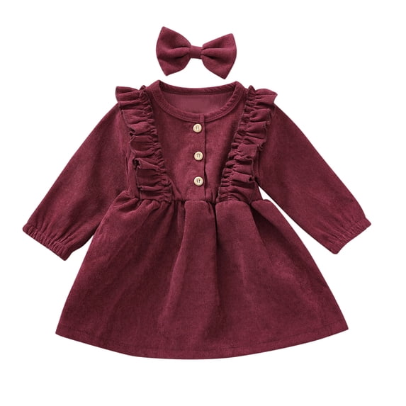 Curuila Toddler Girls Two Piece Set Long Sleeve Solid Color Crew Neck Dress With Headbands Spring Autumn Soft Comfort Outfit Set Red1 Size 2-3 Years