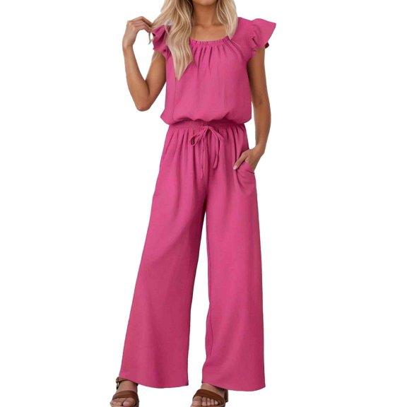 Curuila Jumpsuits For Women Square Neck Sleeveless Solid Color Pocket Wide Leg Long Comfort Casual Bodysuits Red Size L