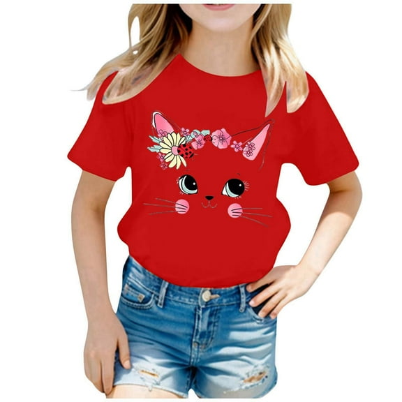 Curuila Kid Girls Cute Tops Cartoon Printed Crew Neck Short Sleeve Tee Summer Casual Loose Soft T Shirt Red Size 6-8 Years