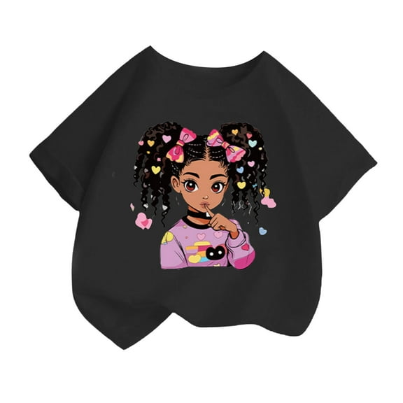 Curuila Kid Girls Tops Cartoon Print Crew Neck Short Sleeve Tee Summer Casual Loose T Shirt Black Size 12-14 Years