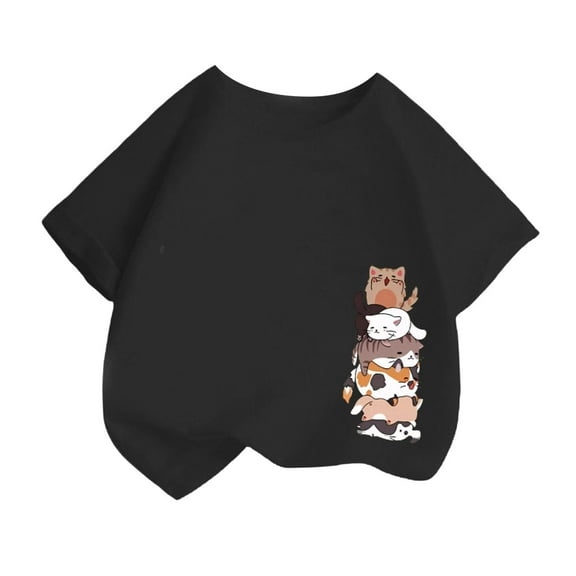 Curuila Kid Girls Tops Cartoon Print Crew Neck Short Sleeve Tee Summer Casual Loose T Shirt Black Size 2-4 Years