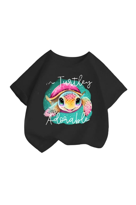 Kid Girls Tops Cartoon Print Crew Neck Short Sleeve Tee Summer Casual Loose T Shirt Black Size 2-4 Years
