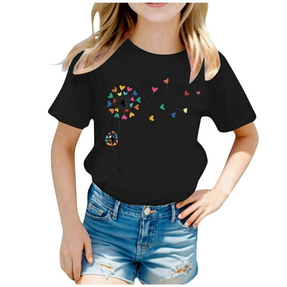 Curuila Kid Girls Tops Cartoon Print Crew Neck Short Sleeve Tee Summer Casual Loose T Shirt Black Size 2-4 Years