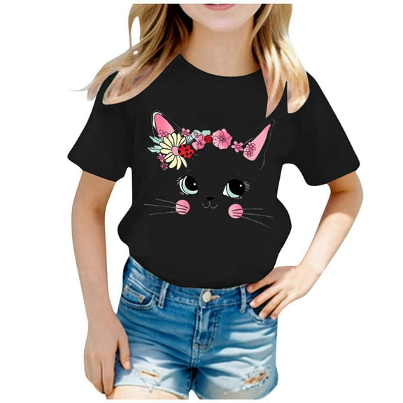 Curuila Kid Girls Tops Cartoon Print Crew Neck Short Sleeve Tee Summer Casual Loose T Shirt Black Size 6-8 Years