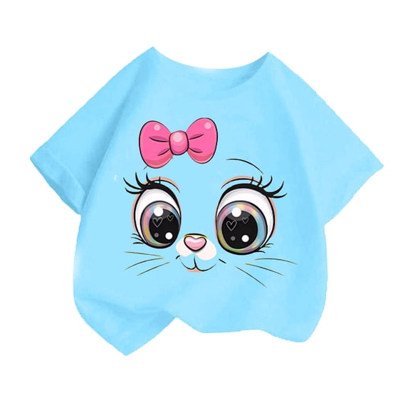 Curuila Kid Girls Tops Cartoon Print Crew Neck Short Sleeve Tee Summer Casual Loose T Shirt Blue Size 2-4 Years