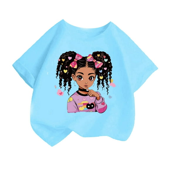 Curuila Kid Girls Tops Cartoon Print Crew Neck Short Sleeve Tee Summer Casual Loose T Shirt Blue Size 6-8 Years