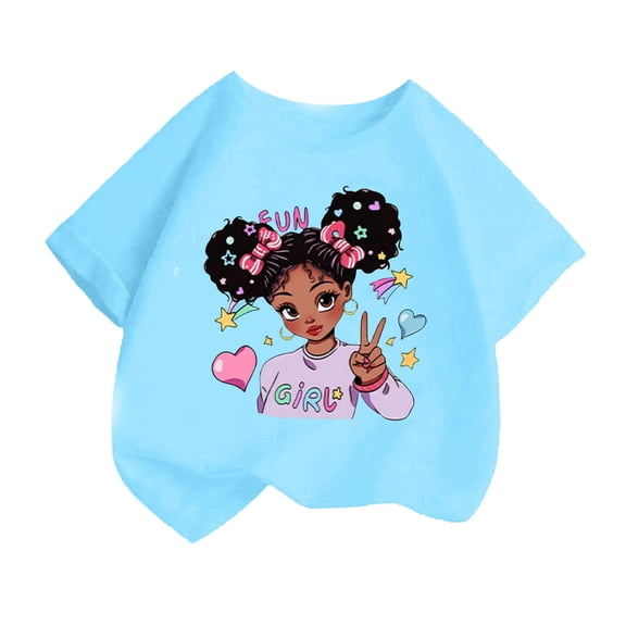 Curuila Kid Girls Tops Cartoon Print Crew Neck Short Sleeve Tee Summer Casual Loose T Shirt Blue Size 8-10 Years
