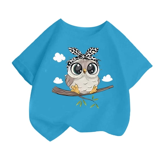 Curuila Kid Girls Tops Cartoon Print Crew Neck Short Sleeve Tee Summer Casual Loose T Shirt Dark Blue Size 6-8 Years