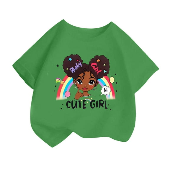 Curuila Kid Girls Tops Cartoon Print Crew Neck Short Sleeve Tee Summer Casual Loose T Shirt Green Size 4-6 Years
